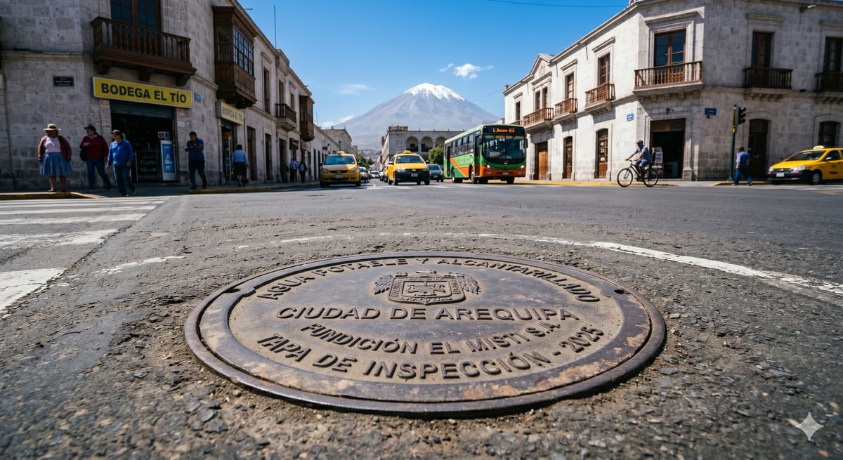Buzón SEDAPAR — tapa circular de fierro grabada 'CIUDAD DE AREQUIPA' en plena calle del centro histórico