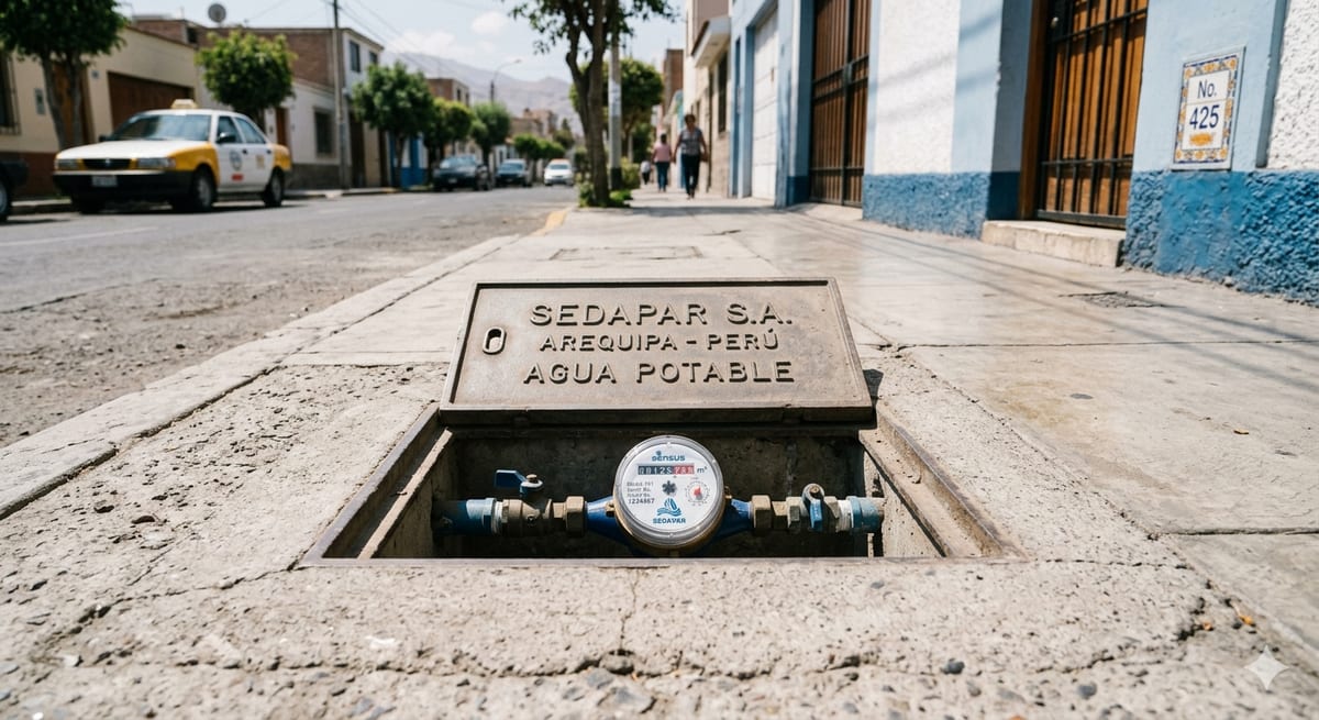 Caja de medidor SEDAPAR S.A. en la vereda con grabado 'AREQUIPA - PERÚ · AGUA POTABLE' y medidor azul a la vista